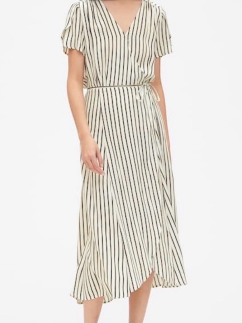 GAP Ivory and Black Striped Wrap Midi Dress